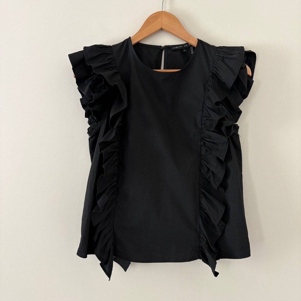 English Factory Betty Poplin Blouse S Black Ruffle Flutter Sleeve Cotton Boxy - Picture 8 of 8